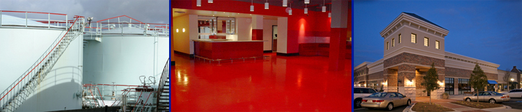 Photo collage: Industrial Tanks - Red, Decorative seamless epoxy flooring, Big Box Retail,: Commercial Painting Contractor, Epoxy Flooring Contractor, New England & Northeast